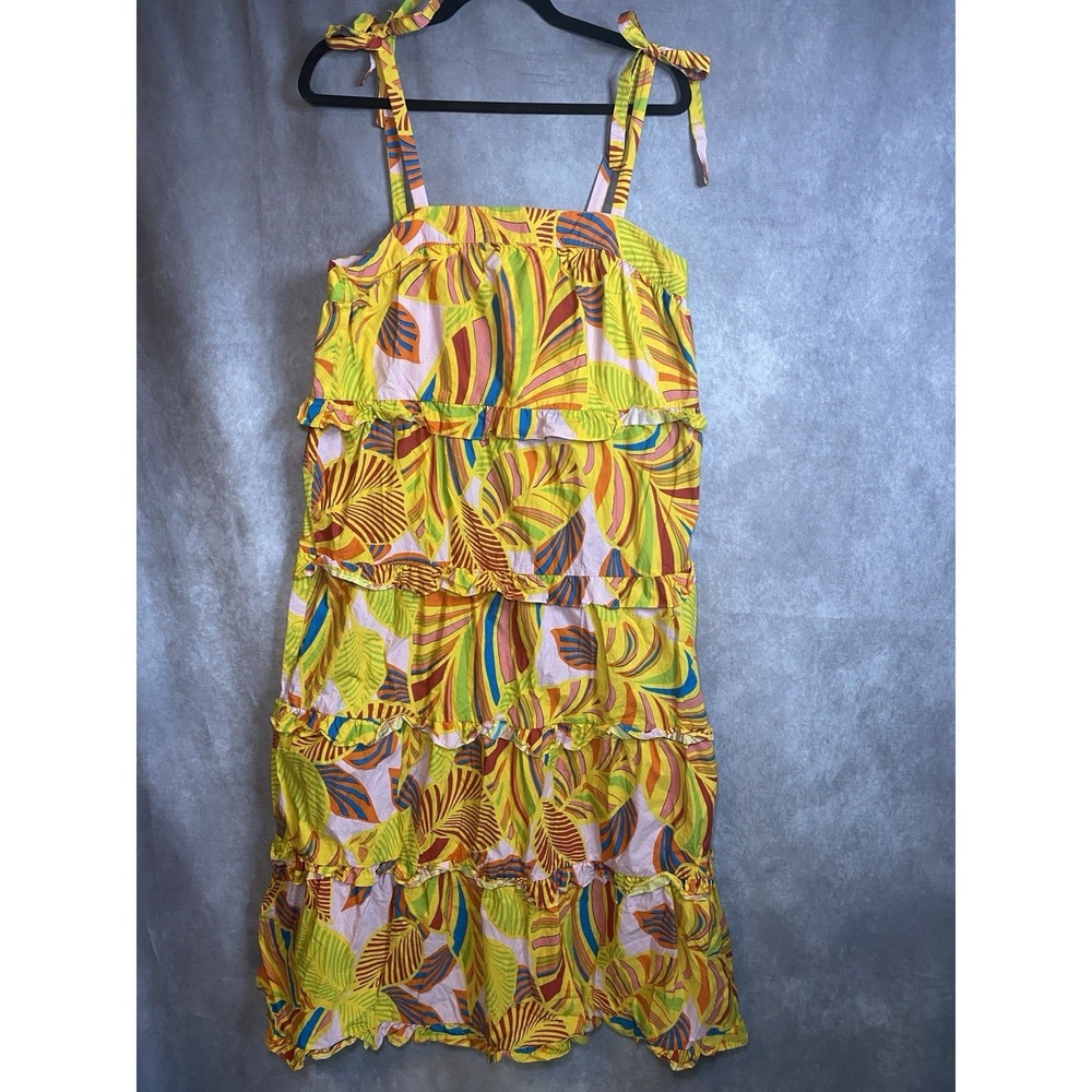 Tropical Flowy Flora Bea NYC Carey Dress Ruffle Size Large Regular Yellow